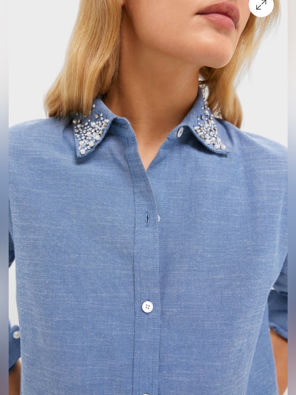 New Tuckernuck Chambray Denim Embellished Cropped Jasper Button Down size small - Picture 5 of 13